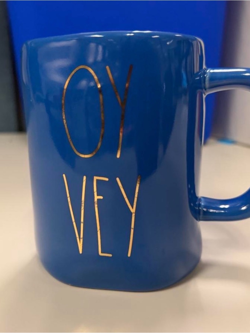 Rae Dunn Blue Ceramic Mug with Gold 'OY VEY' Lettering